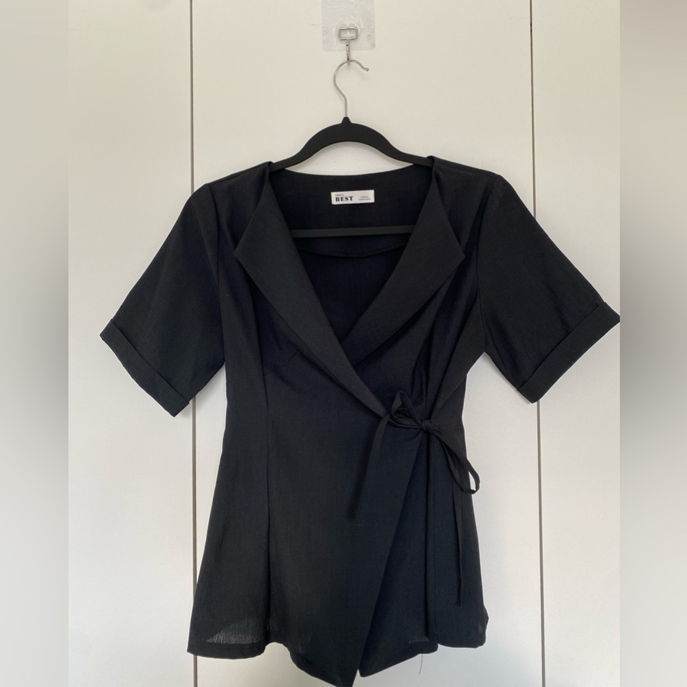 Korean brand black tie up wrap shirt